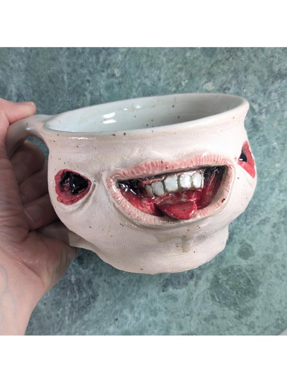 Handmade Creepy Ceramic Face Mug, Drooling Ugly mug pottery studio art